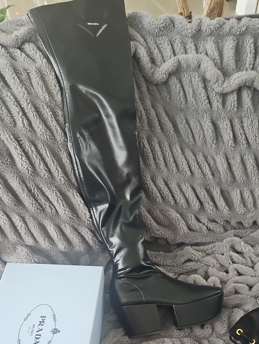 Prada Black Patent Over-The-Knee Platform Boots